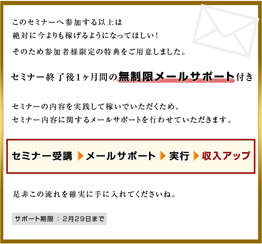 セミナー終了後１ヶ月間の無制限メールサポート付き